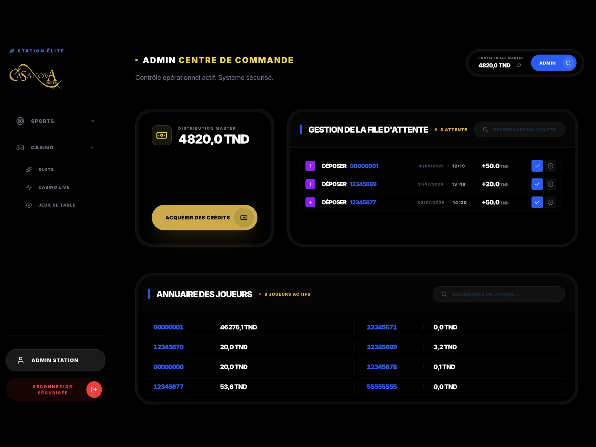 Casanova administration dashboard showing account and transaction management