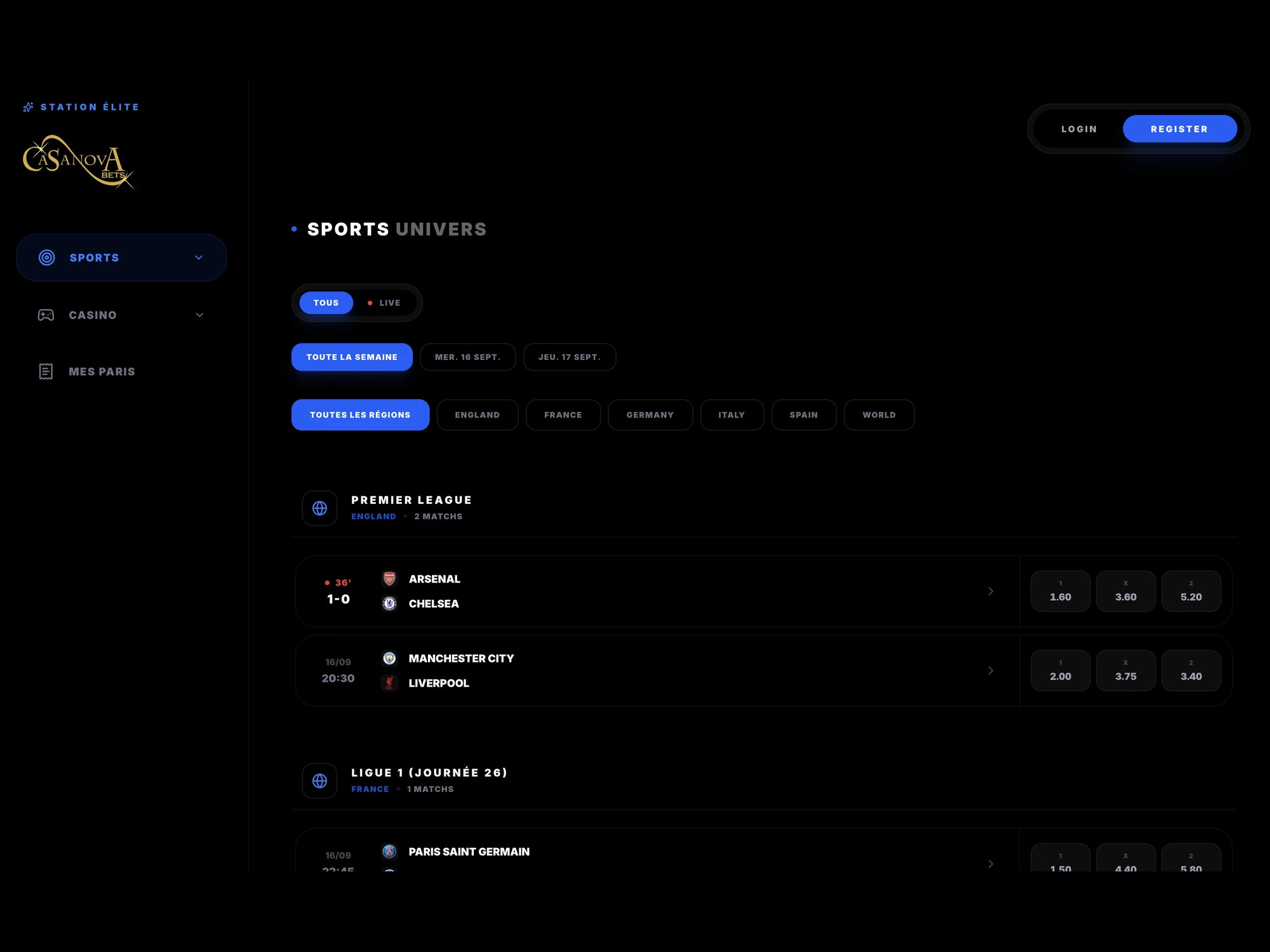 Casanova sports betting interface showing live matches and odds